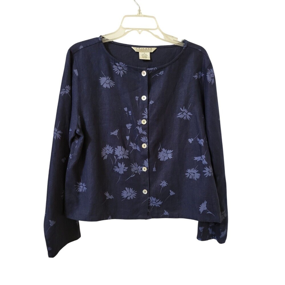Uniform John Paul Richard Linen Button Jacket Cardigan M Navy Flowers G9.2